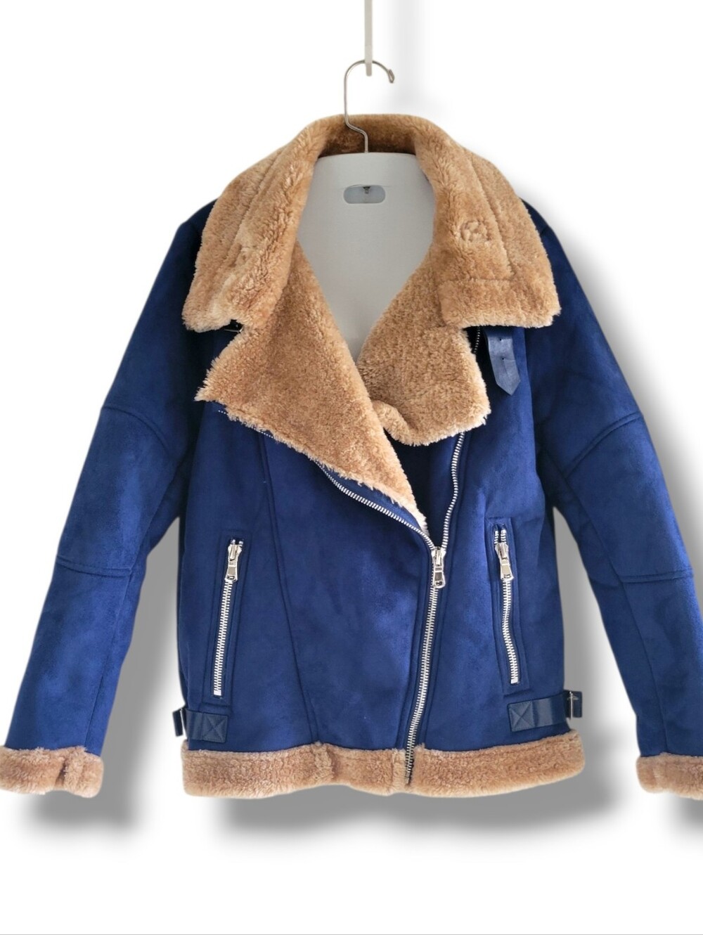 Charcoal Fashion | EUC Tan/Blue Faux Leather Sherpa Aviator Jacket (SIZE 8)